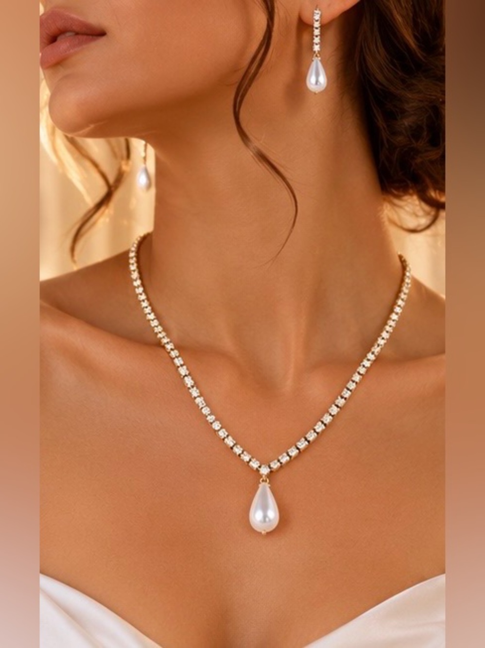 Pearl Drop Tennis Necklace & Earrings Set Elegant Bridal Wedding Jewelry